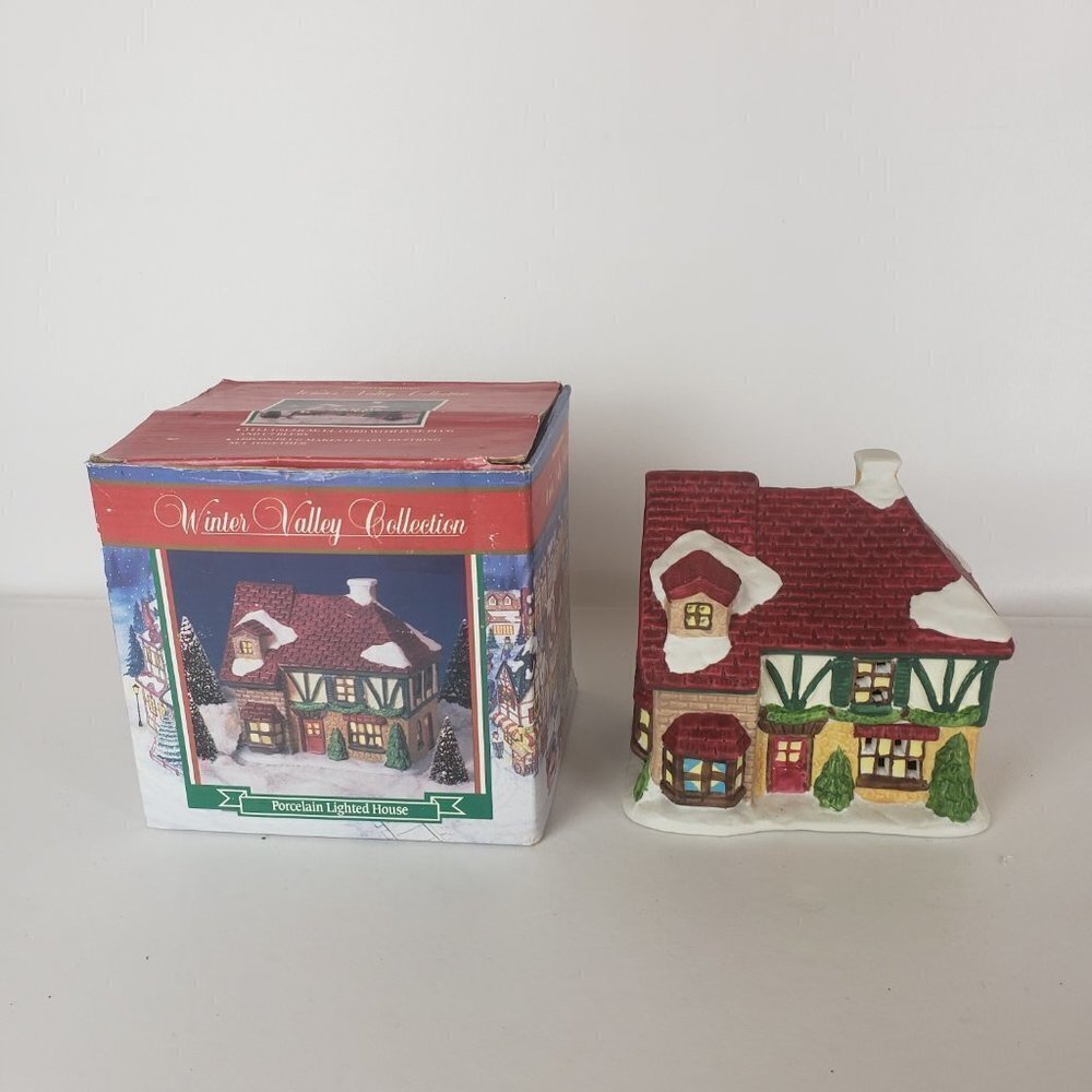 WINTER Valley Collection Porcelain Lighted House Red Roof